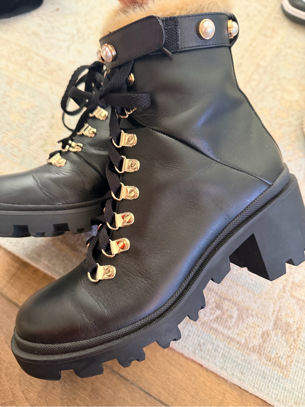 Neiman Marcus Black Lace-Up Faux Fur Trim Combat Booties with Gold Accents - Picture 2 of 4